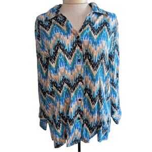 Tianello Blouse Size Large Steve Barraza Chevron Ziz Zag Button Up Top Turquoise
